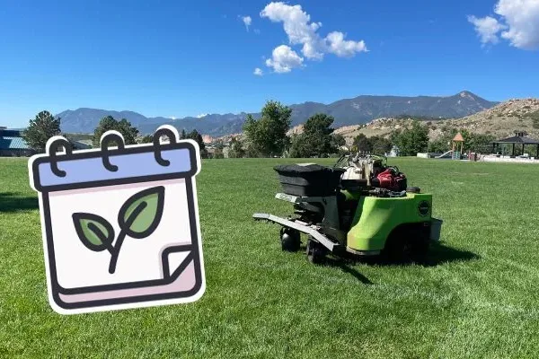 colorado lawn with calendar graphic, lawn care schedule
